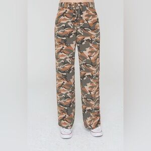 La Boheme Abel Silk Pants in Olive Camouflage Print NWT